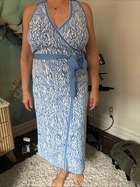 Blue & White Wrap Maxi Dress with Tie Waist